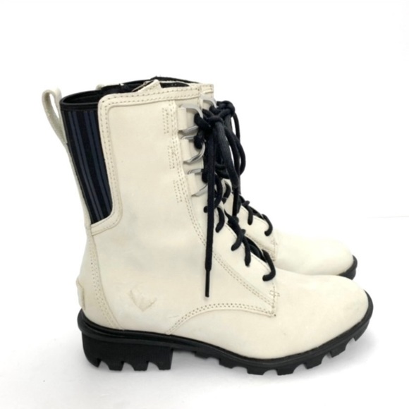 Sorel Phoenix Fawn Nubuck Leather Lace up Mono Biker Boot in Off-White Size 6 - Picture 5 of 11